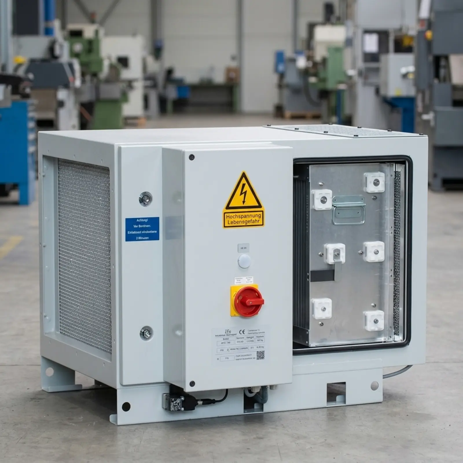 Quadratische, fotorealistische Aufnahme einer elektrostatischen Filtereinheit in neutraler Industrieumgebung.