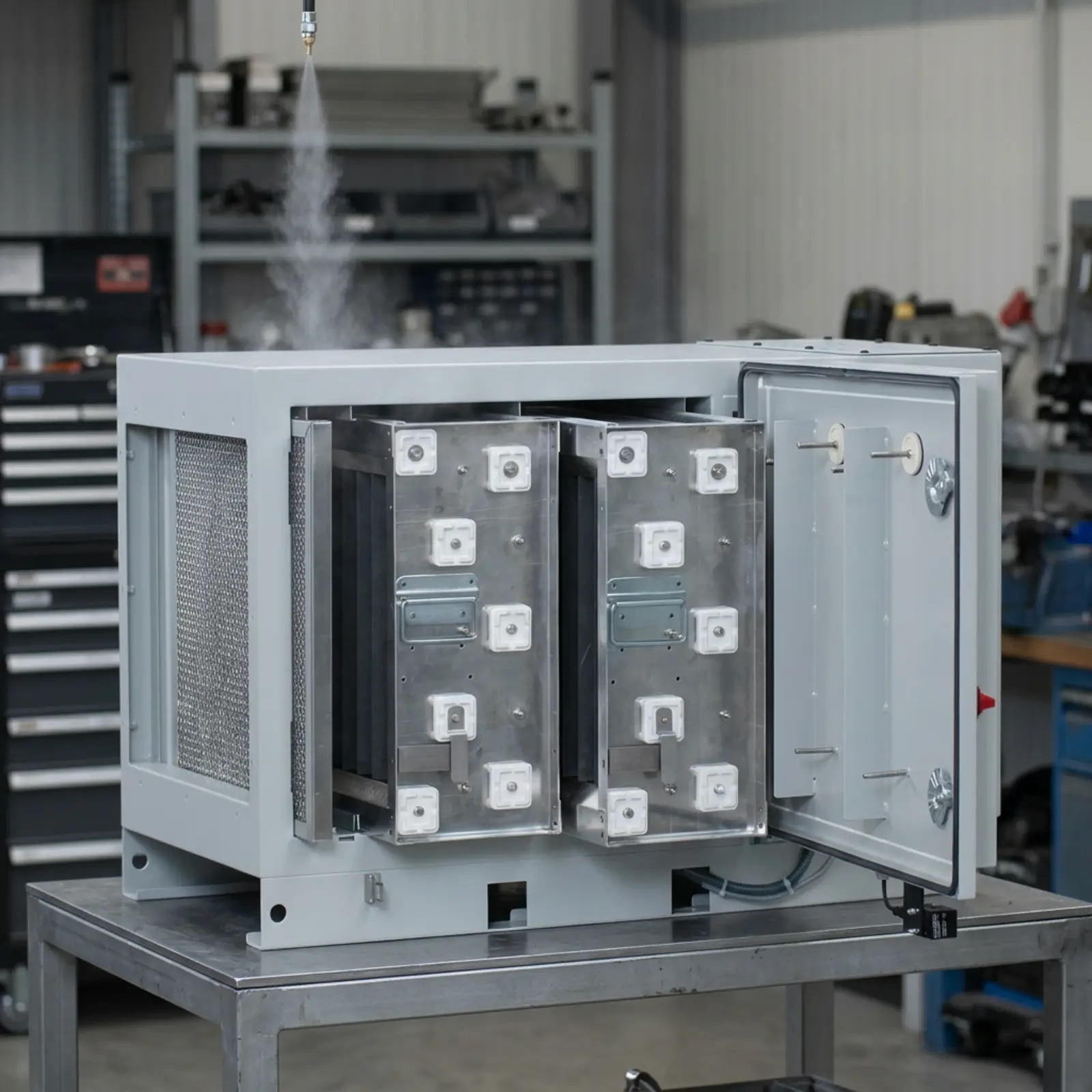 Quadratisches, realistisches Elektro-Luftfilter-Produktbild im Industriebetrieb mit Kühlnebel, scharf.
