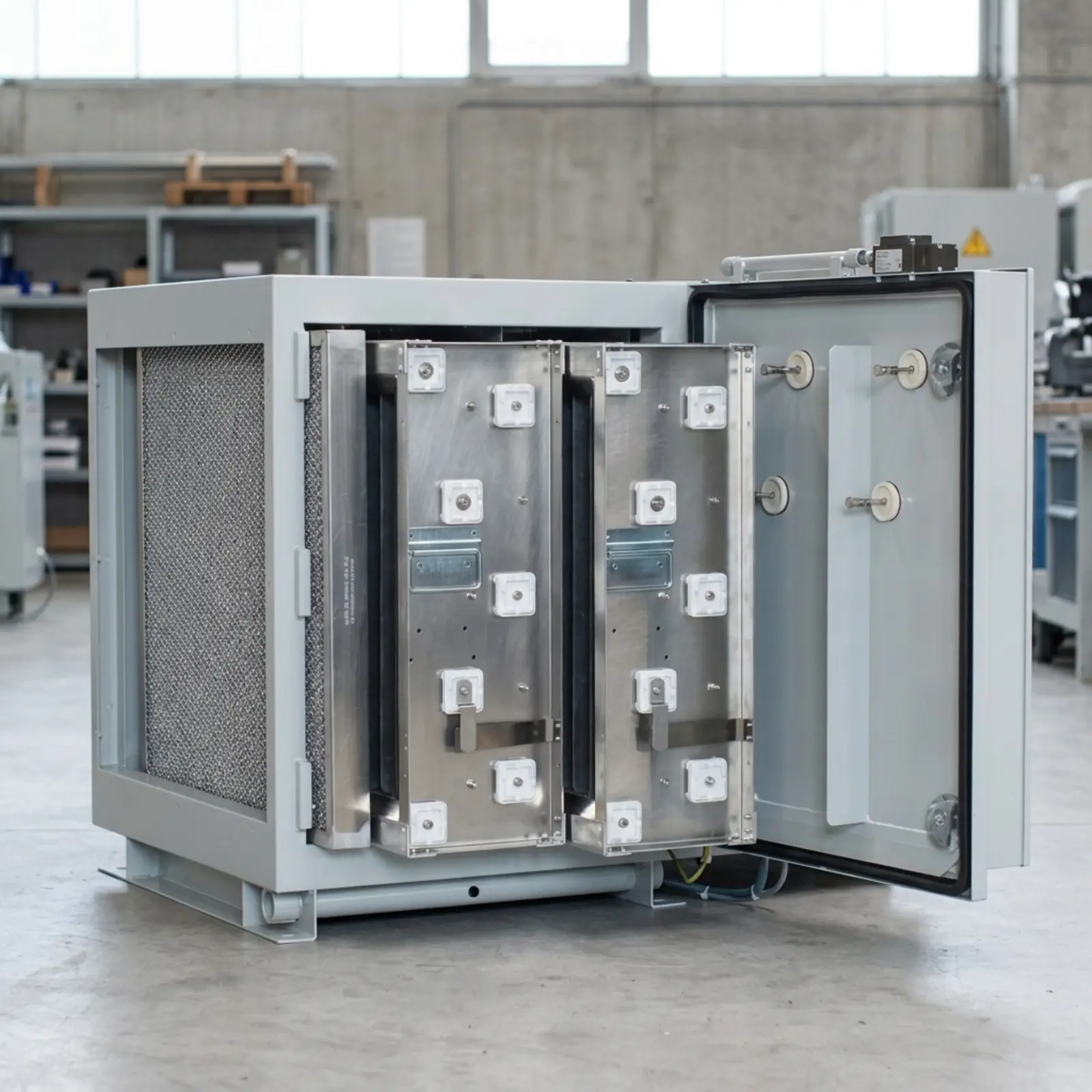 Quadratisches, fotorealistisches Hochspannungs-Elektrofilter-Modul in Industrieumgebung.