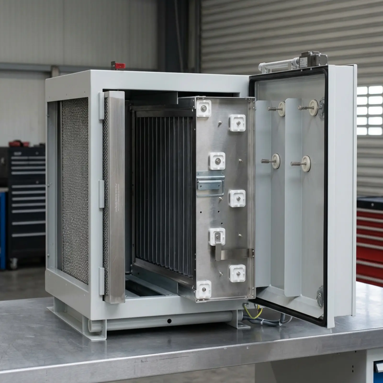 Quadratisches fotorealistisches Produktfoto eines Elektrofilters in Industrieumgebung, scharf
