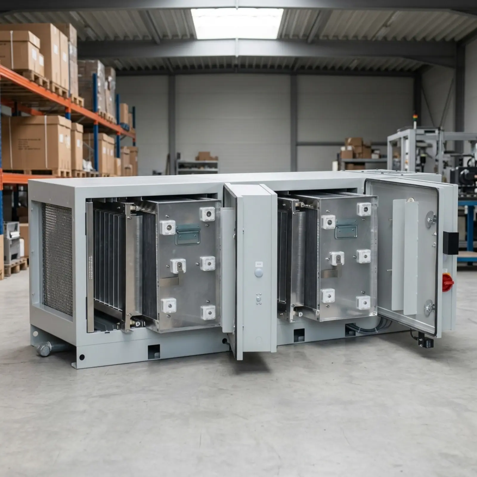 Quadratische, fotorealistische Produktaufnahme eines Elektrofilters in industrieller Umgebung, dezent.
