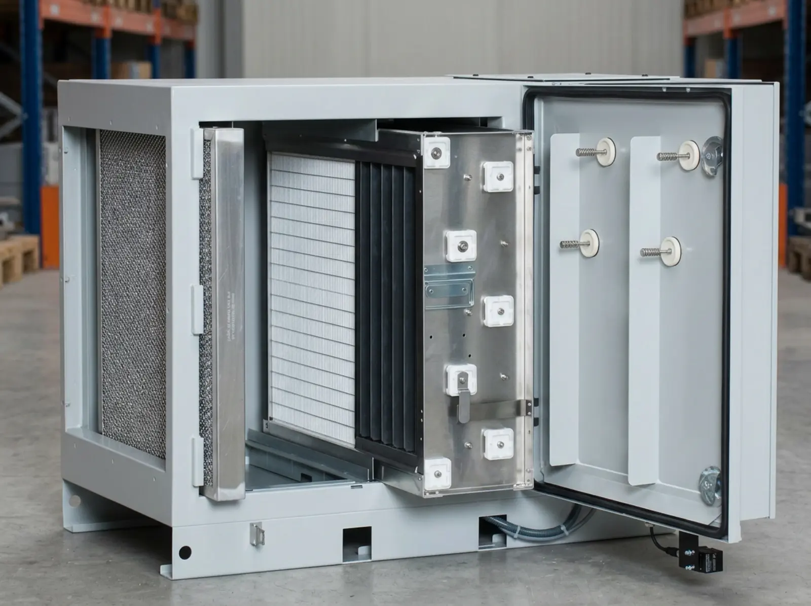 Ionisator-Modul im Elektrofilter aus Edelstahl/Aluminium, industriell, vollständig im Bild.