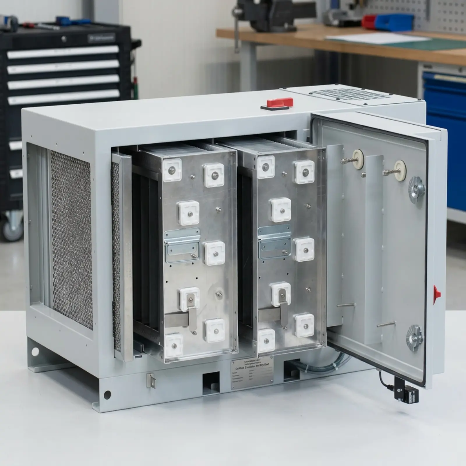 Elektrostatisches Filtergerät im industriellen Umfeld, quadratisches Produktfoto, scharf im Fokus.