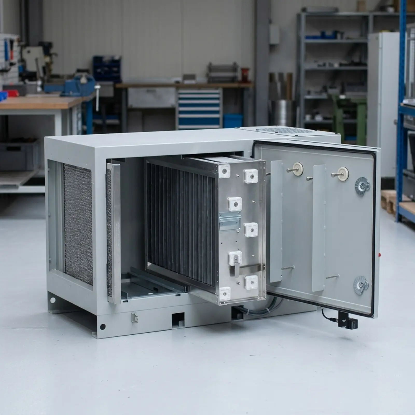 Quadratischer elektrostatischer Luftfilter, zentriert, industriell, scharf, Branding sichtbar.