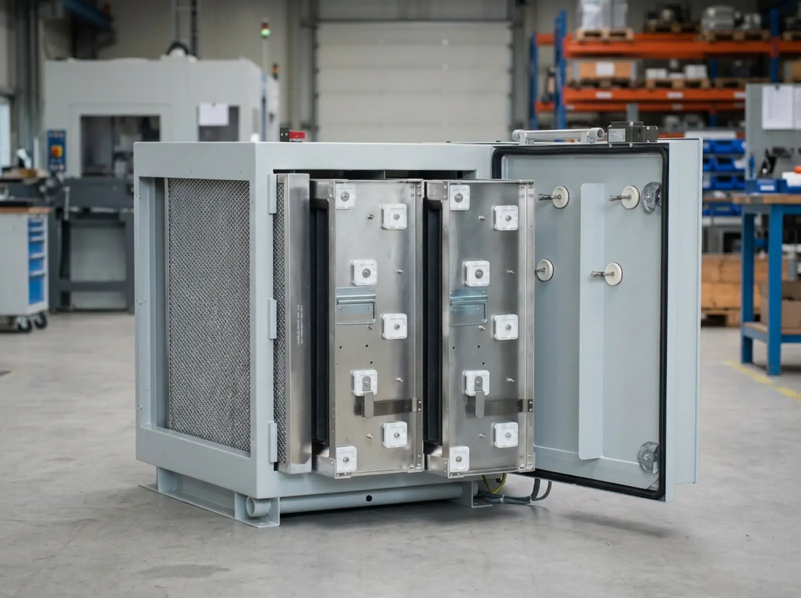 Platten-Elektrofilter in Industrie-Umgebung, parallele Platten, scharf im Vordergrund