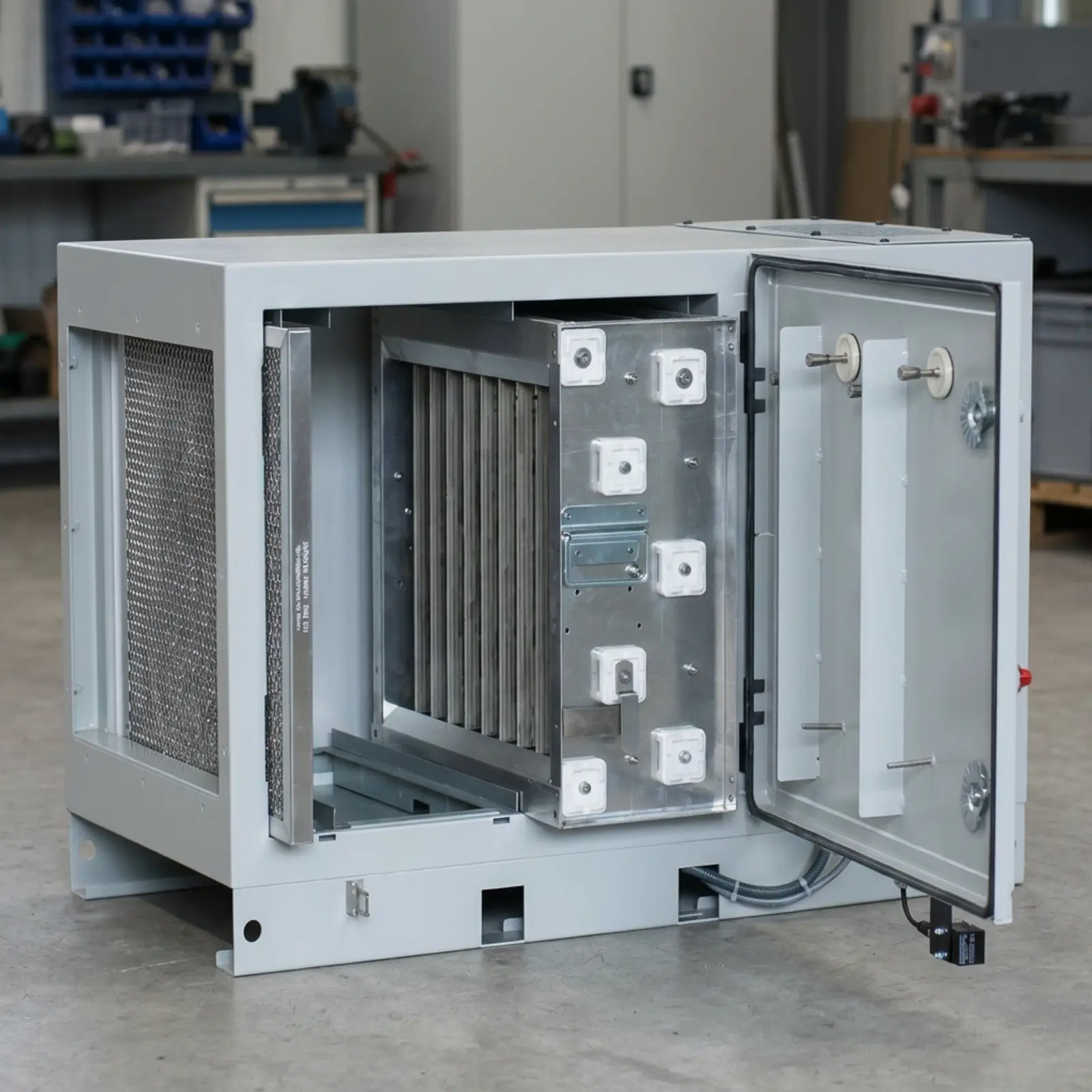 Quadratisches Produktbild einer Elektroseparator-Einheit in Werkstatt, scharf