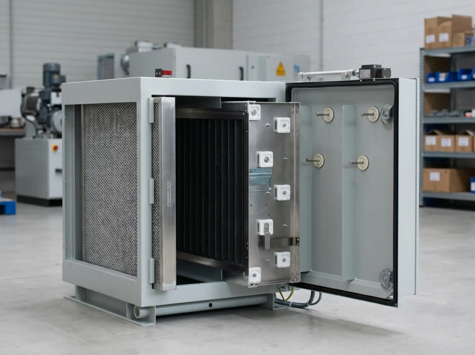 Elektrostatik-Luftfilter im Industrieumfeld, neutral beleuchtet, scharf im Fokus.