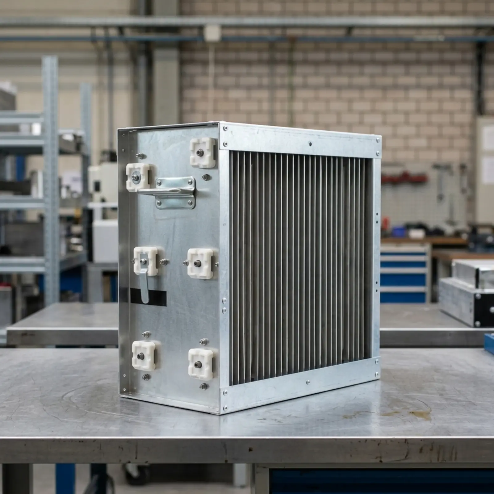 Quadratisches Foto eines Elektrofilters in Industrieumgebung, beleuchtet, Wartung sichtbar.
