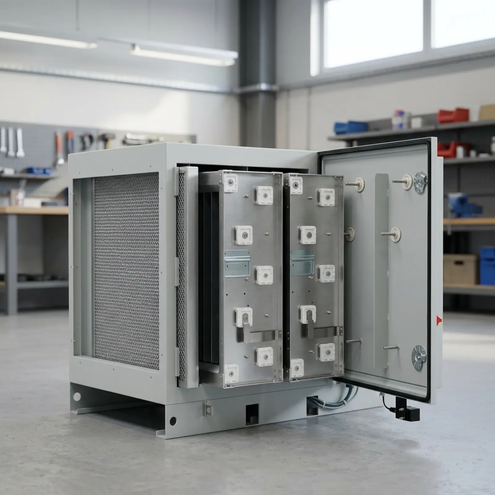 Fotorealistischer Elektrostatik-Filter im Industrieumfeld, Gehäuse mit Ionisationszone