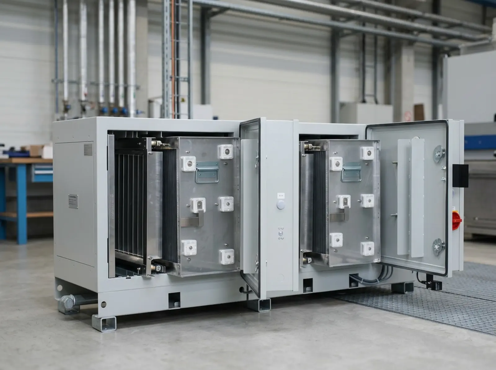 Elektrofilter aus Edelstahl in industrieller Umgebung, scharf abgebildet, wartungsfreundlich.