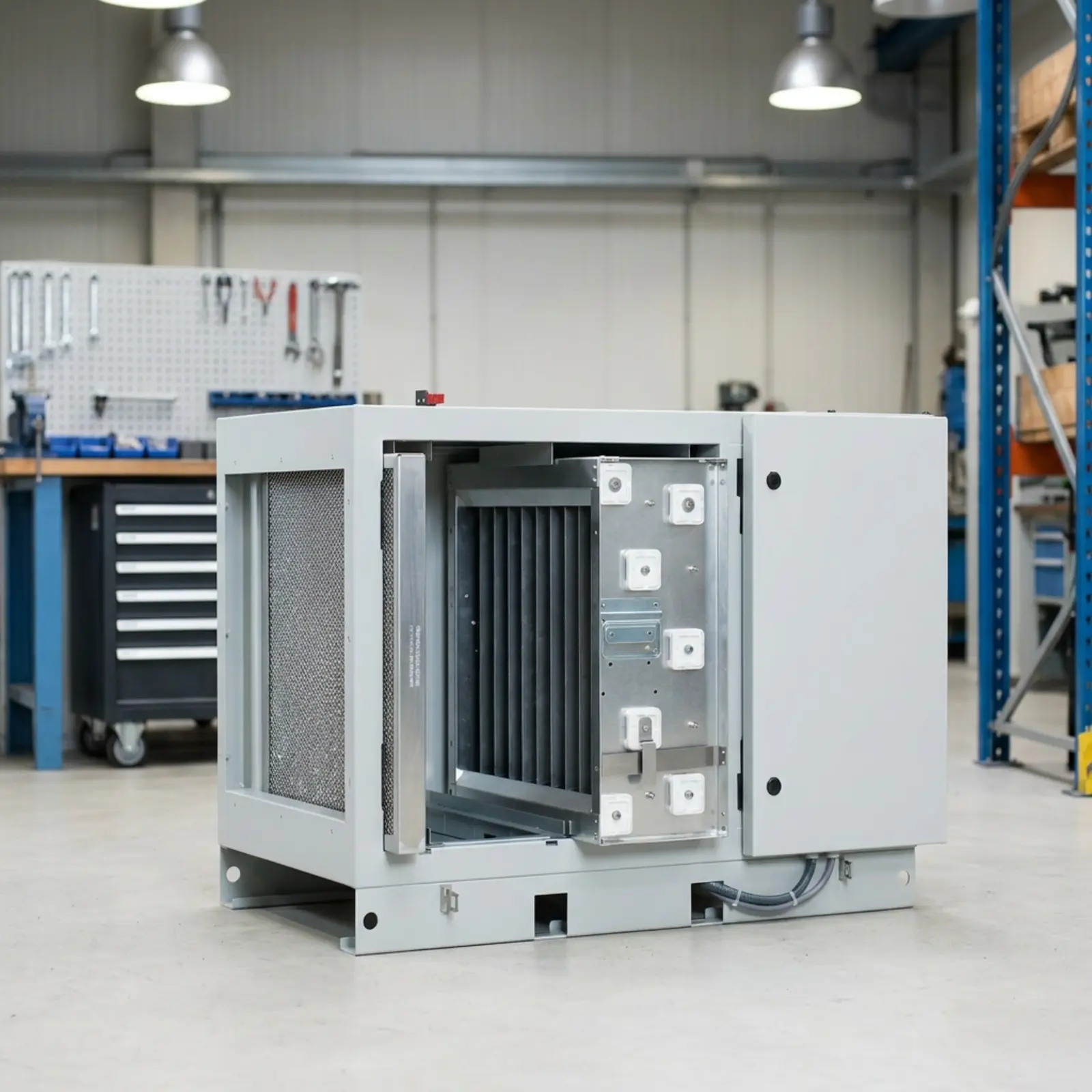 Industrie-Elektrofilter-Einheit, vollständig im Bild, neutraler Hintergrund, scharf