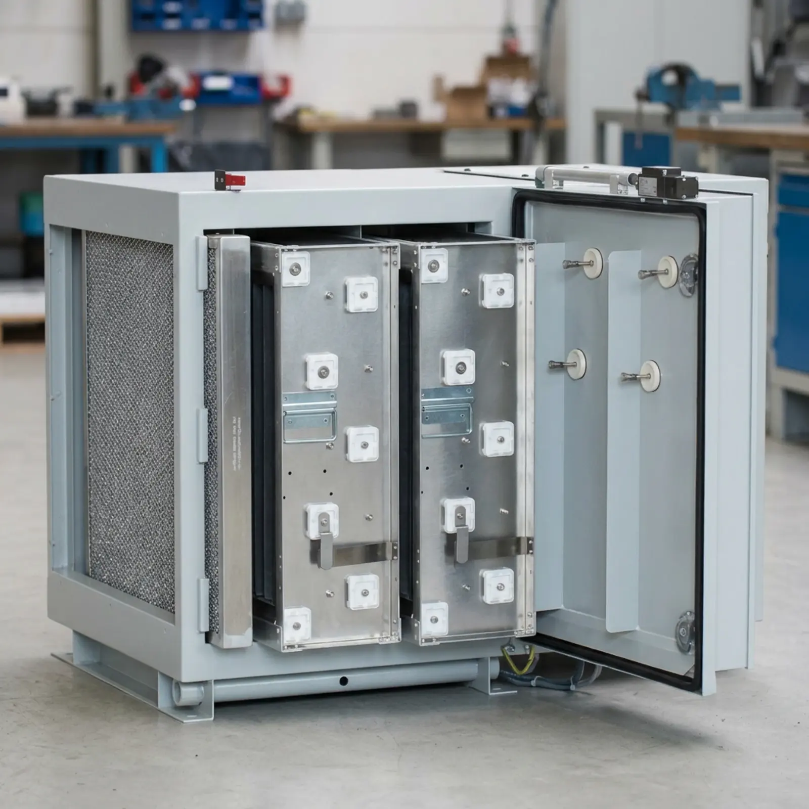 Quadratisches Produktfoto eines elektrostatischen Abscheiders mit Elektroden und Hochspannungsnetzteil