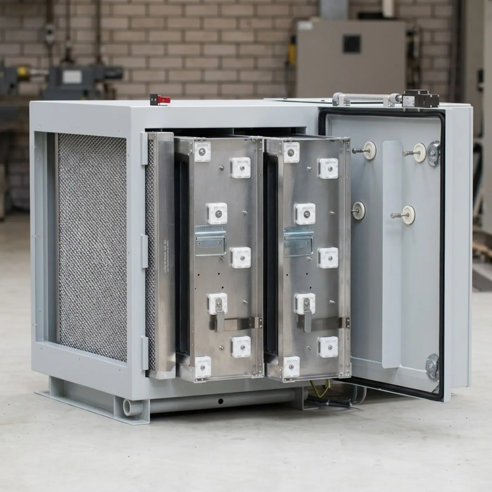 Quadratisches fotorealistisches Produktbild eines Platten-Elektrofilters in Industrieumgebung, scharf