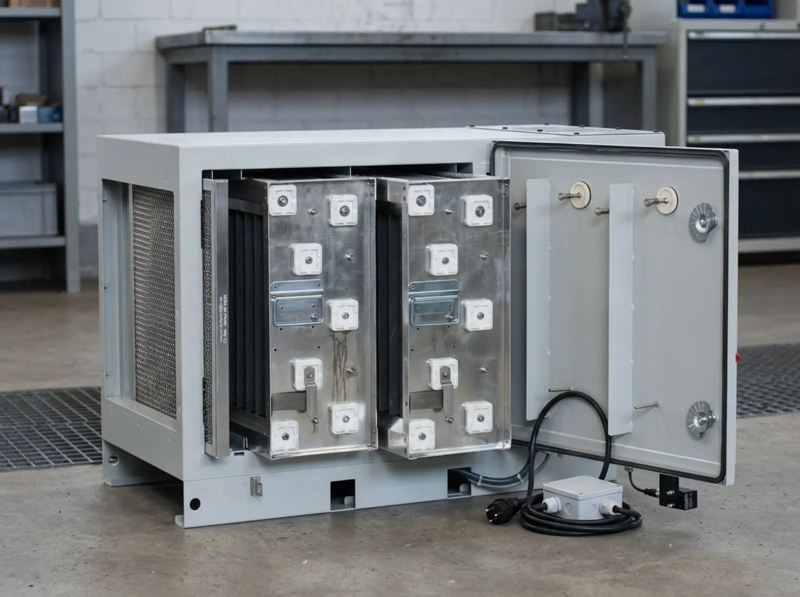 Elektrostatischer Filter im Industrieumfeld, vollständig im Bild, scharf, neutrales Licht