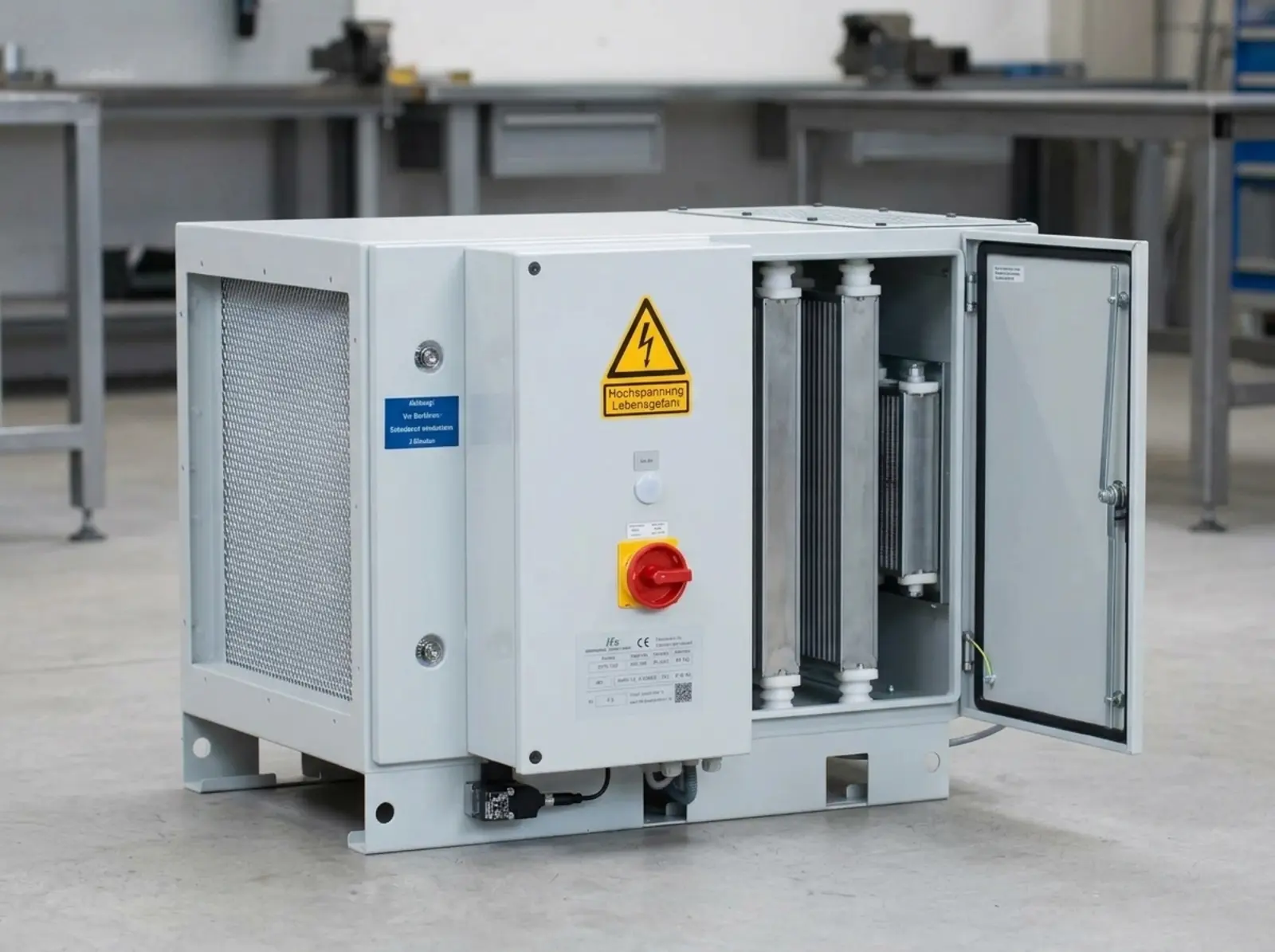 Elektrostatischer Filter in industrieller Werkstatt, Hintergrund leicht unscharf, scharf im Fokus