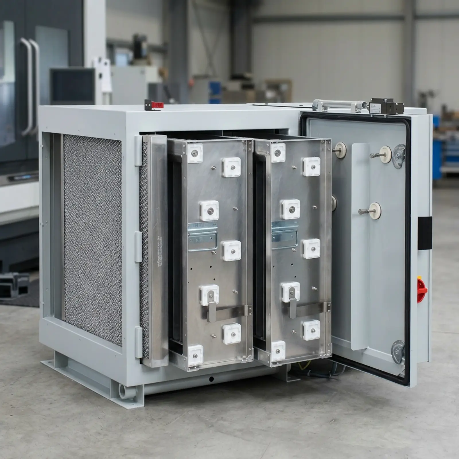 Quadratischer Elektrostatik-Luftfilter aus Metall im Industrieumfeld, Ports und abnehmbare Platten.